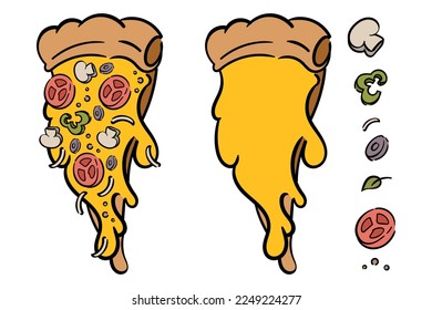 
Deliciosa pizzería con ingredientes diferentes. Haz tu pizza, añade tus ingredientes. Clipart. Ilustración vectorial aislada en fondo blanco.