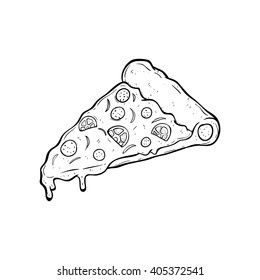 Delicious Pizza Slice With Doodle or Sketchy Style on White Background