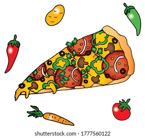 Delicious pizza slice, with mushrooms, tomatoes, pepper, cheese. Colored vector for card or gift.