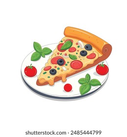 Deliciosa rebanada de pizza en una Ilustración vectorial de plato