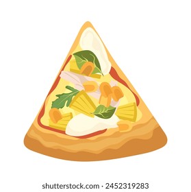 Delicious pizza slice with sauce, feta cheese, corn and greenery doodle cartoon vector illustration