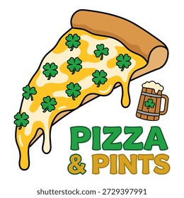Deliciosa rebanada de pizza con tréboles y taza de cerveza. Gráfico de pizza y pintas para la celebración del día de San Patricio