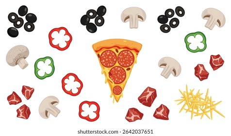 Delicious Pizza Slice Surrounded by Fresh Ingredients Makes Mouthwatering Appetizing Presentation