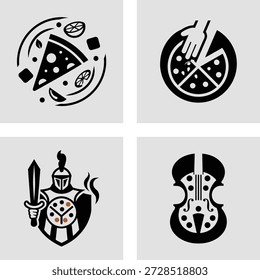 A delicious pizza slice surrounded by fresh ingredients for a delightful culinary experience, This monochrome icon features a triangular  slice, rich with toppings, encircled by various fresh elements like lemon wedges and possibly other abstract garnishes, suggesting a vibrant and flavorful meal. The design emphasizes the fresh and diverse nature of pizza ingredients.