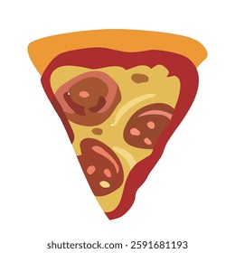 Delicious pizza slice vector illustration, flat hand-drawn cheesy Italian food icon, tasty fast food graphic with pepperoni, mushroom, vegetable, and classic toppings