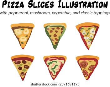 Delicious pizza slice vector illustration, flat hand-drawn cheesy Italian food icon, tasty fast food graphic with pepperoni, mushroom, vegetable, and classic toppings