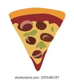 Delicious pizza slice vector illustration, flat hand-drawn cheesy Italian food icon, tasty fast food graphic with pepperoni, mushroom, vegetable, and classic toppings