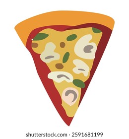 Delicious pizza slice vector illustration, flat hand-drawn cheesy Italian food icon, tasty fast food graphic with pepperoni, mushroom, vegetable, and classic toppings