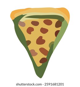 Delicious pizza slice vector illustration, flat hand-drawn cheesy Italian food icon, tasty fast food graphic with pepperoni, mushroom, vegetable, and classic toppings