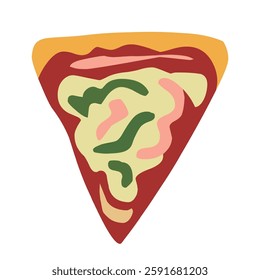 Delicious pizza slice vector illustration, flat hand-drawn cheesy Italian food icon, tasty fast food graphic with pepperoni, mushroom, vegetable, and classic toppings