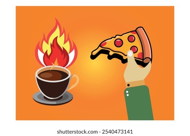 Deliciosas fatias de pizza emparelhadas com vetor de café a vapor, Vibes acolhedoras de segurar pizza e café, Prazer visual de pizza e café, pizza fatiada realizada ao lado de café quente