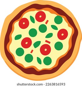 Delicious Pizza with Tomato and Mozzarella. Vector Illustration. This vector art features a mouth-watering pizza topped with fresh tomato and melted mozzarella cheese, with a crispy crust.