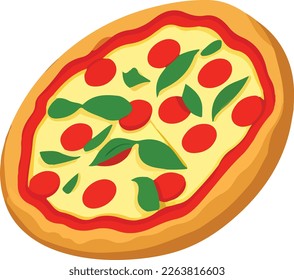 Delicious Pizza with Tomato and Mozzarella. Vector Illustration. This vector art features a mouth-watering pizza topped with fresh tomato and melted mozzarella cheese, with a crispy crust.