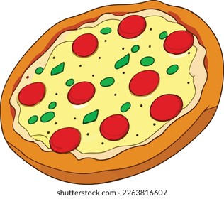 Delicious Pizza with Tomato and Mozzarella. Vector Illustration. This vector art features a mouth-watering pizza topped with fresh tomato and melted mozzarella cheese, with a crispy crust.