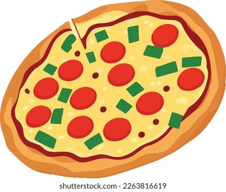 Delicious Pizza with Tomato and Mozzarella. Vector Illustration. This vector art features a mouth-watering pizza topped with fresh tomato and melted mozzarella cheese, with a crispy crust.