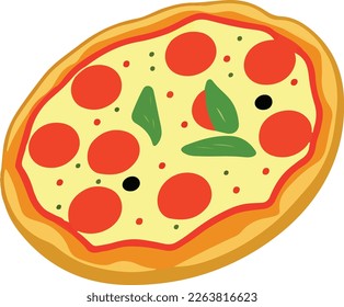 Delicious Pizza with Tomato and Mozzarella. Vector Illustration. This vector art features a mouth-watering pizza topped with fresh tomato and melted mozzarella cheese, with a crispy crust.