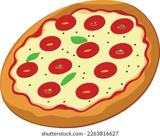Delicious Pizza with Tomato and Mozzarella. Vector Illustration. This vector art features a mouth-watering pizza topped with fresh tomato and melted mozzarella cheese, with a crispy crust.