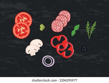 Delicious pizza topping vector illustration. Salami slices, tomatoes, peppers, olives, mushrooms