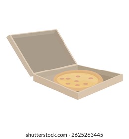 Delicious pizza with toppings in a partially open cardboard box for delivery or takeout