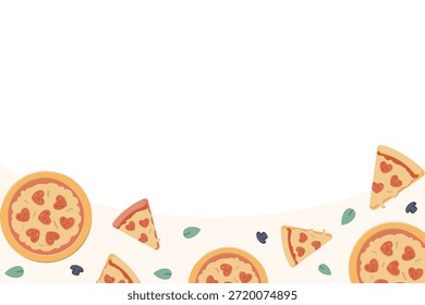Deliciosa pizza de fondo de San Valentín con espacio de copia de borde inferior. Plantilla gastronómica con rebanadas de pizza y champiñones. Diseño plano de Vector para Anuncio de blog de alimentos o promoción de restaurante.