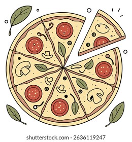 A delicious pizza with various toppings is presented in a visually appealing illustration, ready to be enjoyed.