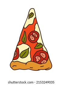 Delicious pizza vector illustration isolated on white background. Triangular slice of margarita pizza. Vector sticker icon.