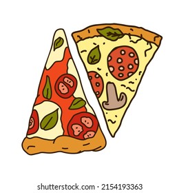 Deliciosa ilustración vectorial de pizza aislada en fondo blanco. Dos rebanadas triangulares de pizza. Margarita y pizza con salchichas de pepperoni. Icono de pegatina del vector.