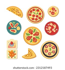Delicious Pizza Vector Illustration Set, Mouthwatering cheesy, saucy, Savory Slices, Toppings and irresistible. Perfect for menus and promotions 