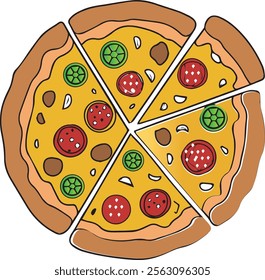 delicious pizza with vegetable toppings vector