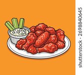 A delicious plate of crispy, spicy Korean fried chicken wings coated in a red gochujang sauce, served with a creamy dip. Vector Illustration
