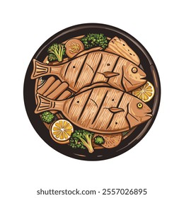 A delicious plate of grilled fish, expertly cooked and seasoned, is presented with vibrant lemon wedges and a side of steamed vegetables. The fish is golden brown and flaky, 
