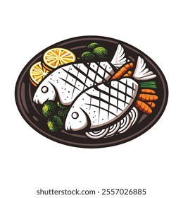 A delicious plate of grilled fish, perfectly cooked and seasoned, is garnished with fresh lemon wedges and a side of steamed vegetables. The fish is golden brown and flaky, showcasing its moist interi