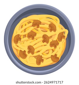 Delicious plate of spaghetti pasta topped with mushrooms is ready to be served