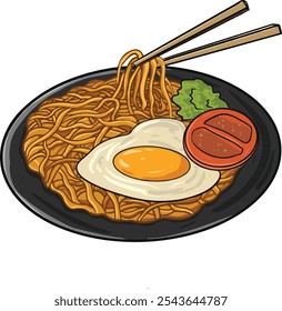 delicious plate of stir-fried noodles (mie goreng) served with vegetables, eggs, and spices, symbolizing traditional Asian comfort food, perfect for content related to Asian cuisine