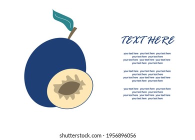 Delicious plum with a slice in a cut on an isolated background under the text. Vector illustration. A healthy fruit.