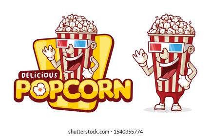 Delicious Pop Corn logo template, with paper cup wearing 3d glasses  