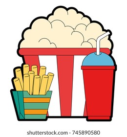 delicious pop corn with soda and french fries