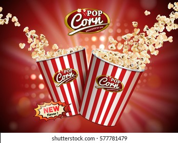 Delicious popcorn flying out of cardboard box which is white and red striped isolated on red illuminated background in 3d illustration