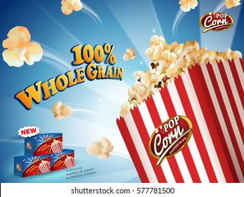 Delicious popcorn flying out of cardboard box isolated on blue striped background in 3d illustration