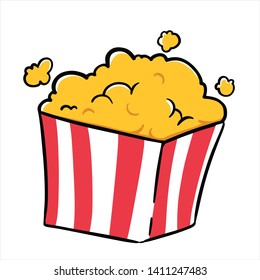 Delicious popcorn in striped bucket vector cartoon and hand drawn illustration. Isolated on white background. Great for menu, poster or label, web, logo, decoration, icon, and more.