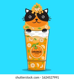 Delicious popsicles for kids with a funny cat and delicious fruit. Orange and lemon ice cream yogurt fruit. Blue background. Natural food.Organic ingredient. 