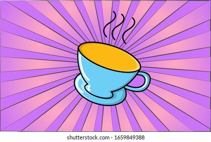 Delicious porcelain glass cup of quick invigorating aromatic coffee on a background of abstract purple rays. Vector illustration.