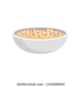 Delicious porridge in gray ceramic bowl. Tasty oatmeal for breakfast. Traditional English food. Flat vector for cafe menu or poster