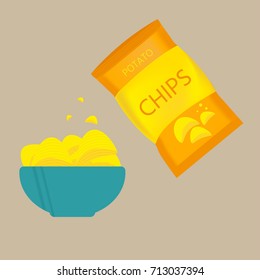 Delicious potato chips in bowl, beer snack for friends made in flat style.  Vector illustration for banners, posters, advertisement, packaging design.