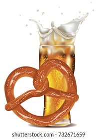 Delicious pretzel with glass of beer cartoon food design.