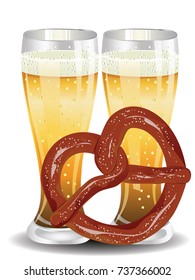 Delicious pretzel with glass of beer cartoon food design.