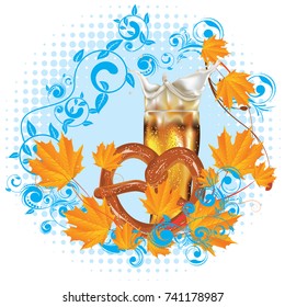 Delicious pretzel with glass of beer cartoon food design.