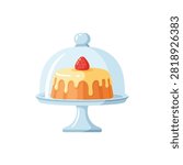 Delicious Pudding Cake with Yellow Glaze and Strawberry on a Glass Stand with Dome Cover Illustration
