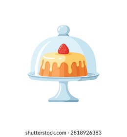 Delicious Pudding Cake with Yellow Glaze and Strawberry on a Glass Stand with Dome Cover Illustration