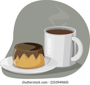 Delicious pudding with chocolate and hot tasty coffee